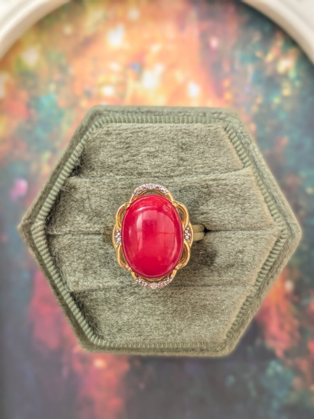 Vintage Art Deco Style Estate Signed DK Sterling Silver and Red Coral Ring